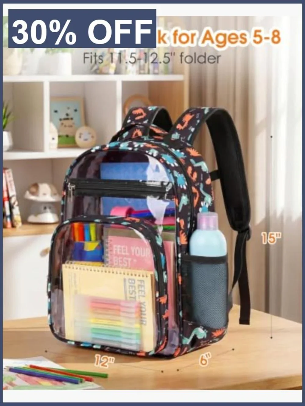 Clear Backpack for Kids Boys Girls Dinosaur Elementary School Bag